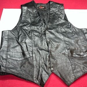 BLACK Leather BIKER VEST Size 2XL Men’s Snap Front Nylon Lined, I K Leather Moto